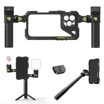 Abbildung von Freewell Genius Rig Cage für iPhone 16 Pro Max Werkzeuglose Einrichtung, Multifunktionales Stativ und Einbeinstativgriffe, Bluetooth Fernbedienung