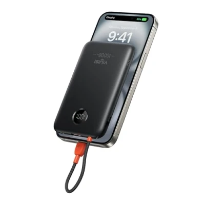 Abbildung von VIYISI Powerbank 10000mAh, Ultrakompaktes Akkupack mit integriertem USB C Kabel &amp; LED Anzeige, Externer Akku max.22,5W für iPhone 16/15, iPad, Samsung Galaxy, Huawei, Google Pixel Schwarz