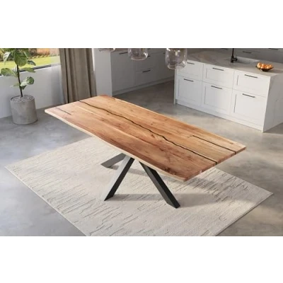 Abbildung von SAM Baumkantentisch 260 x 100 cm Polly, Epoxidharz Adern in Schwarz, Akazienholz massiv + naturfarben, Esstisch mit Spider Eisengestell Tischplatte 26 mm, echte Baumkante