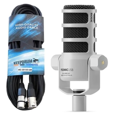 Abbildung von Rode Podmic USB XLR Dynamisches Sprecher Mikrofon Weiss mit keepdrum Kabel