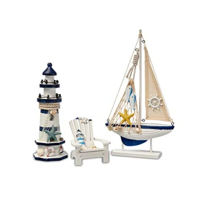 Abbildung von Flanacom Badezimmer Deko 3er Set Maritime Leuchtturm, Segel Schiff und Strand Stuhl aus Holz Badaccessoires Schöne für das Bad Design 2