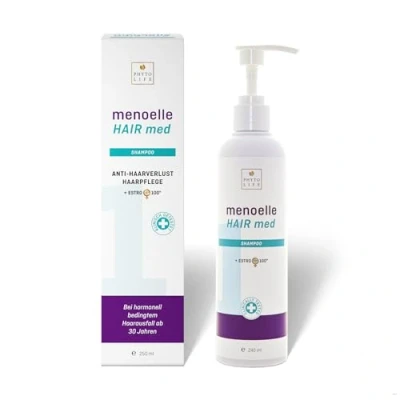 Abbildung von menoelle® HAIR med SHAMPOO gegen Haarausfall u. dünner werdendes Haar in den Wechseljahren. Haarwachstum beschleunigen auf pflanzlicher Basis. Mit EstroG 100, Koffein, Biotin. 240ml.