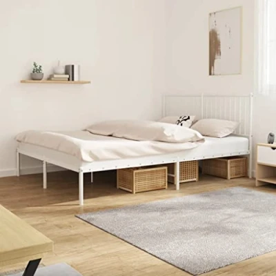 Abbildung von vidaXL Bettgestell, Bettrahmen mit Kopfteil Lattenrost, Metallbett Bett für Schlafzimmer, Doppelbett Gästebett, Metall Weiß 160x200cm