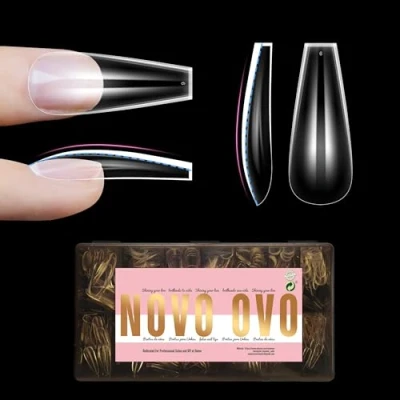 Abbildung von NOVO OVO L Sculpted Coffin Nail Tip for Curved Nails, geformte Ballerina für gebogene Nägel, extra dicke lange künstliche vollständige Abdeckung x 15 Größen, 450 Stück