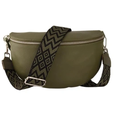 Abbildung von MIRROSI Bauchtasche Damen, Echtleder, Leder, Made in Italy, Umhängetasche, Brusttasche, (Schultertasche für jeden Anlass (1 Tasche &amp; 2 Gurte), Damen Taschen, 3 Größen auswählbar), Crossbody Bag, Khakigrün Khaki, verstellbaren Schulterriemen