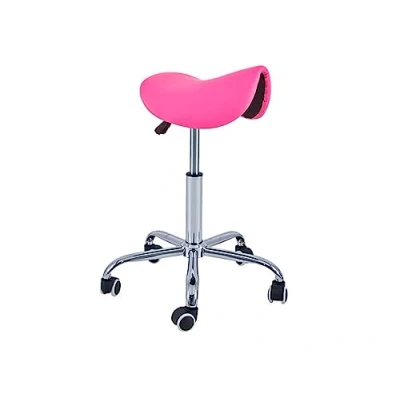 Abbildung von QUIRUMED Pony Hocker mit 5 Rädern, Chromgestell, rosa Farbe, Kunstlederpolsterung, höhenverstellbar, leicht, ergonomisches Design, drehbar, bis zu 150 kg