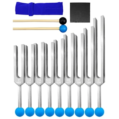 Abbildung von Stimmgabel Set, 9 teilig, Stimmgabeln mit Reflexhammer für DNA Heilung, Chakra Soundtherapie, Buddhisten, Yogalehrer, Klangheiler (174 Hz, 285 396 417 528 639 Hz usw.)