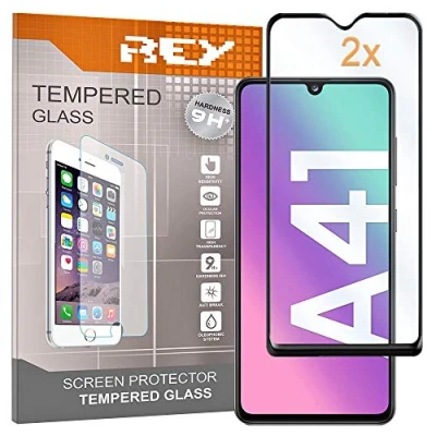 Abbildung von REY Pack 2X 3D Bildschirmschutz aus gehärtetem Glas für Samsung Galaxy A41, Schwarz, Displayschutzfolie 9H+ Härte, Anti Kratzen Öl Bläschen, Voller Schutz, 3D, 4D, 5D
