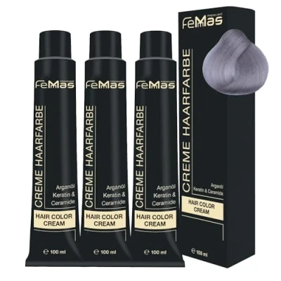 Abbildung von FemMas Haarfarbe Pure &amp; Mix 3x Silber I Professionelle Creme mit Arganöl, Keratin Ceramiden Als dauerhafte Haarfärbung oder Tönung für strahlende, haltbare Farbergebnisse 100 ml