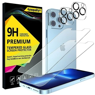 Abbildung von 4youquality Displayschutzfolie für iPhone 13 Pro Max mit Kameraobjektivschutz, Panzerglasfolie, je 2 Stück, [stoßfest] [Anti Kratzen] [Splitterschutz] [Ultra klar]