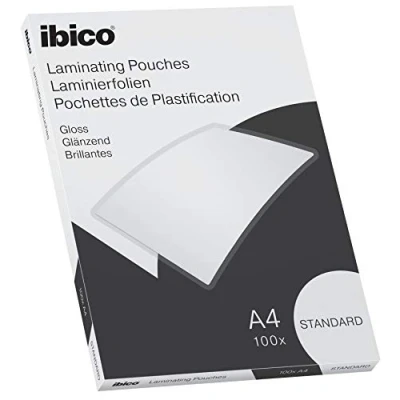 Abbildung von Ibico Basics Laminierfolien A4 Standard, 100 Stück, Glänzende Heißlaminierfolien, Abgerundete Ecken, Transparent, Kristallklar, Ideal für Schule oder Büro, 627310