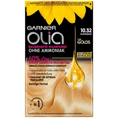 Abbildung von Garnier Olia Dauerhafte Haarfarbe ohne Ammoniak, Pflegende Haarcoloration für 100% Grauhaarabdeckung, The Golds, 10.32 Platingold (Blond), 3 Stück