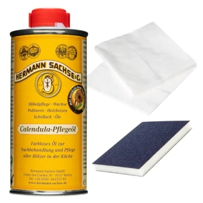 Abbildung von Hermann Sachse Holzpflegeöl für Schneidebretter 250ml Lebensmittelgeeignetes Pflegeöl Küchenhelfer aus Holz Inkl. Universaltuch &amp; Schleifmatte Made in Germany