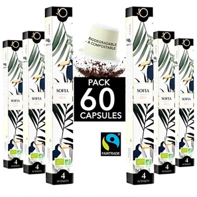Abbildung von Nespresso Kapseln Kompatibel BIO FAIRTRADE Arabica Kaffee in Biologisch abbaubar SOFIA Entkoffeiniert (ohne Lösungsmittel), 60 Kaffeekapseln Traditionelle Röstung
