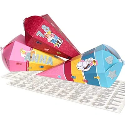 Abbildung von Papierdrachen 3 Bedruckte Schultüten zur Einschulung kleine Zuckertüte für Schwester und Bruder Bibi Tina inkl. dekorativen Moosgummi Aufklebern Größe 39,8 x 31,7 cm