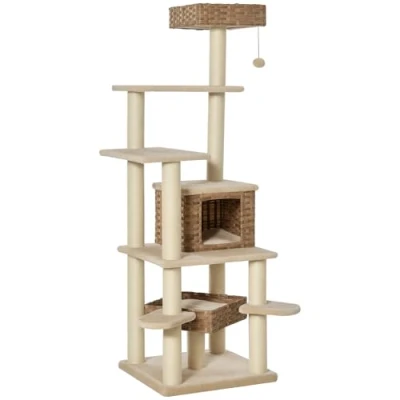 Abbildung von PawHut Kratzbaum mit Katzenhöhle, Mehrstufiger, Beige+Braun, 55L x 55B 174H cm