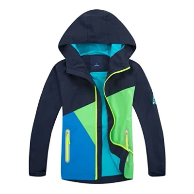 Abbildung von YOUNGSOUL Kinder Regenjacke mit Farbblock Mädchen Jungen Übergangsjacke Outdoorjacke Win und Wasserdicht Windjacke Kapuze Dunkelblau DE: 134 140 (Herstellergröße 140)