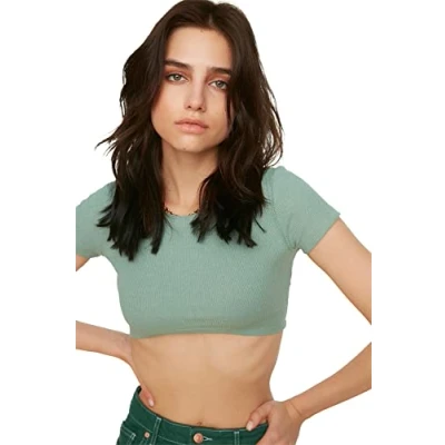 Abbildung von Trendyol Damen Minzfront der ovalen Erntebänder gestrickte Bluse Blouse, Mint, XS