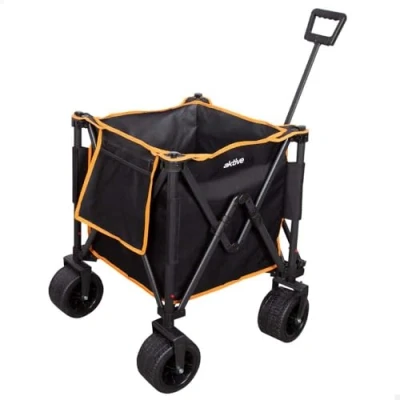 Abbildung von AKTIVE Faltbarer Transportwagen, Strand, Garten, Camping, bis zu 80 kg, robuste und um 360 drehbare Räder mit Bremsen, Multi Winkelgriff, Tasche, Schwarz Orange,