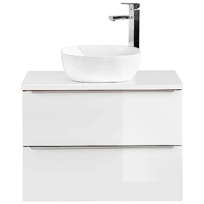 Abbildung von Lomadox Badmöbel Waschtisch Unterschrank Set 81cm, Hochglanz weiß mit Eiche, 41cm Keramik Waschbecken, 2 Softclose Schubkästen, B/H/T 81/74,5/46 cm