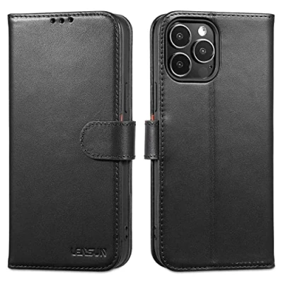 Abbildung von LENSUN Echtleder Hülle für iPhone 13 Pro Max 5G, Handyhülle [Echtes Leder][Magnetverschluss][RFID Schutz] Handytasche Lederhülle Schwarz