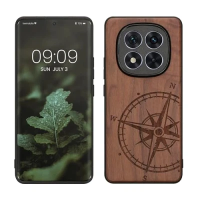 Abbildung von kwmobile Hülle kompatibel mit Xiaomi Redmi Note 14 Pro+ 5G / Pro Plus Holz Case Handy Cover TPU Handyhülle in Dunkelbraun Kompass Vintage
