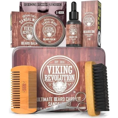 Abbildung von Viking Revolution Bartpflegeset Für Männer Ultimatives mit 100% Wildschweinborsten Bartbürste, Bartkamm aus Holz, Bart Balsam, Bartöl, Schnurrbart &amp; Bartschere Geschenke Sandelholz