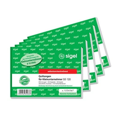 Abbildung von SIGEL SD120/5 Quittungsblock für Kleinunternehmer, fortlaufend nummeriert, eindeutige 7stellige Nummer, A6 quer, 5 Stück, 2x30 Blatt, selbstdurchschreibend, aus nachhaltigem Papier