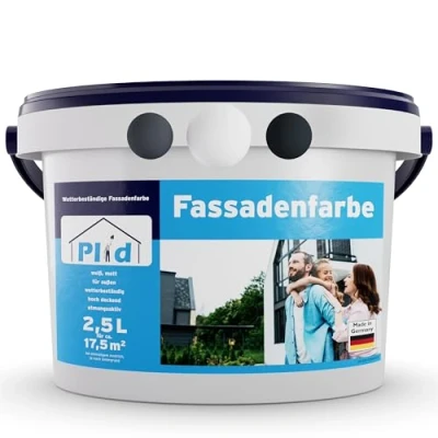 Abbildung von Plid® Fassadenfarbe Außen Weiß 2,5l [WETTER &amp; UV BESTÄNDIG] Hochwertige Farbe für Mauerwerk, Hauswand, Beton Kellerwand Sockelfarbe Mauerfarbe Wandfarbe Made in Germany