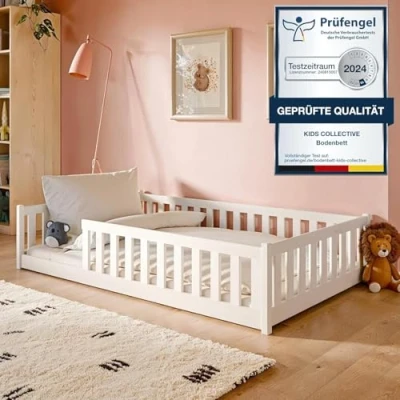 Abbildung von Kids Collective Kinderbett Bodenbett Bett mit Rausfallschutz &amp; Lattenrost Montessori Kinder (Jungen, Mädchen, Kinder, weitere Größen 80x160, 90x200, 140x200 cm), Gitterbett Jugendbett weiß Holz massiv Junge Mädchen 120x200cm