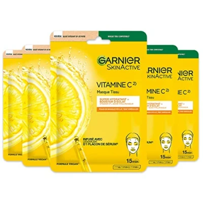 Abbildung von GARNIER Skin Active Set mit 5 Stoffmasken für Glanz hellt, spendet Feuchtigkeit &amp; polstert die Haut Vitamin C und Hyaluronsäure Vegan Cruelty Free dunkle Stück