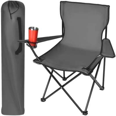 Abbildung von TRIZAND Klappbarer Anglerstuhl Campingstuhl mit Armlehnen und Getränkehalter bis 100 kg Faltbar Tragetasche Schwarz/Grau/Grün 23675, Farbe:Grau