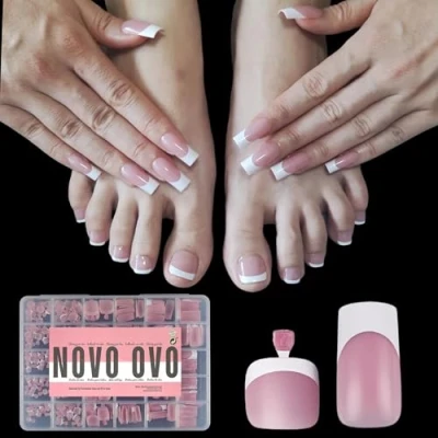 Abbildung von NOVO OVO French Tip Nagelspitzen zum Aufdrücken, BERRY PINK Square Nagelverlängerung, Quadratische runde Zehennägel, Vorgeschichteter Primer für Base Coat, Vollabdeckung DIY x 15 Größen