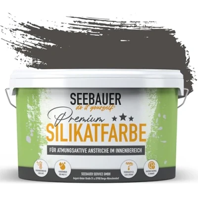 Abbildung von SEEBAUER diy Silikatfarbe Anthrazit 2,5L für Innen (No. 102 Black Pearl) Atmungsaktive Mineralfarbe Allergiker Abwaschbare Wandfarbe Anthrazittöne hohe Deckkraft