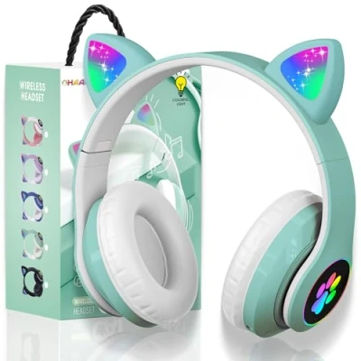 Abbildung von OHAANYY Bluetooth Kopfhörer Kinder,Mädchen Katzenohr Over Ear mit LED licht Faltbare Stereo Bluetooth,Kabellose Kinder Mikrofon für Tablet/Handy/PC (Grün)