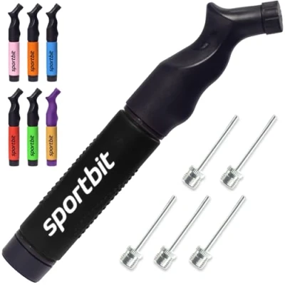 Abbildung von SPORTBIT Ballpumpe mit 5 Nadeln Set Handpumpensystem zum Aufpumpen Passt für jeden Sportball Volleyball Basketball Fußball Gymnastik Soccer Ball, Aufblasgerät Luftpumpe