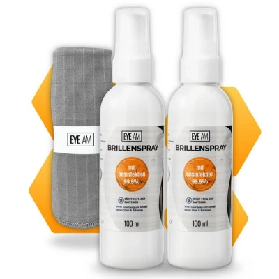 Abbildung von EyeAm Brillenspray mit Desinfektion, Zur hygienischen Reinigung der Brille, Glasreiniger (2x100ml Inkl. Mikrofasertuch)