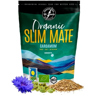 Abbildung von Yerba Mate Tee BIO Slim Tea Kardamom, Rosa Pfeffer, Zimt, Brennnessel, Ingwer, Löwenzahn, Calendula Energie Detox Entwässerung &amp; Körper entgiften Natürliche Zutaten 100g VITSTORM