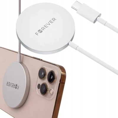 Abbildung von FOREVER Kabelloses Ladegerät, Induktives 15W, Rund, Dünn, Diskret, Universal, 1m Kabel inklusive, Kompatibel mit verschiedenen Smartphone Marken, die über drahtloses Laden verfügen, weiß