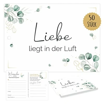 Abbildung von Printino® Ballonkarten Hochzeit 50 gelochte Wunschkarten als Hochzeitsspiel, extra leicht 2,5 g Karten, Gäste Wünsche Postkarten, Ballonflugkarten für Luftballons (Eukalyptus BOHO)