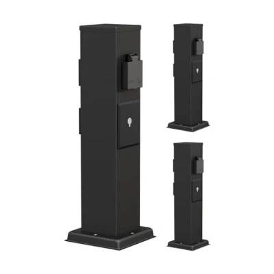 Abbildung von ledscom.de 3 Stück Garten Steckdosensäule Polly für außen, IP44, Smart Home, WLAN, Alexa, Fach, Edelstahl, schwarz, eckig, 38 cm