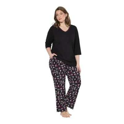 Abbildung von Ulla Popken Pyjama Katzen V Ausschnitt 3/4 Arm Taschen