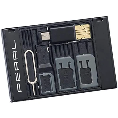 Abbildung von PEARL Simkarten Adapter: SIM Karten Organizer mit microSD Card Reader für USB OTG (Micro SD Adapter, Etui, Tablet Halter)
