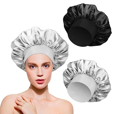 Abbildung von 2 Stück Seidenhaube Zum Schlafen Haarhaube für die Nacht Satin Silk Bonnet Sleep Cap Schlafhaube Seiden Atmungsaktive Damen (Schwarz Grau)