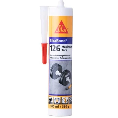 Abbildung von SIKA Montageklebstoff SikaBond 126 Maximum Tack Weiß starke Anfangshaftung geeignet für Metalle und Baustoffe lösemittelfrei 300 ml
