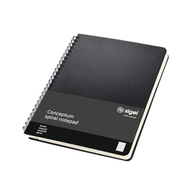 Abbildung von SIGEL CO822 Premium Spiralblock A5, kariert, schwarz, 80 Blatt, sehr stabiler Hardcover Einband, Einsteckfach, aus nachhaltigem Papier, Conceptum