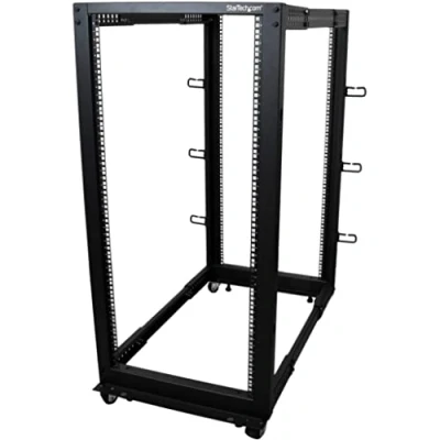 Abbildung von StarTech.com 4 Pfosten 25 HE Mobiles Open Frame Serverrack, 19&quot; Netzwerk Rack mit Rädern, für Computer/AV/Daten/IT Geräte Rollen, Nivellierfüße oder Bodenmontage (4POSTRACK25U)