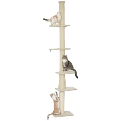 Abbildung von PawHut Kratzbaum Deckenhoch, 225 275 cm, mit Plattformen, Kippschutz, Cremeweiß