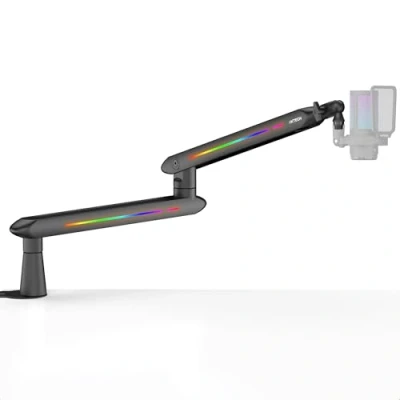 Abbildung von IXTECH RGB Low Profile Galgenarm für Mikrofon, verstellbarer Mikrofonarmständer mit Tischhalterungsklemme, drehbarer Mikrofonarm Mikrofonständer Kabelmanagement Podcast Streaming,
