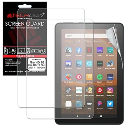 Abbildung von TECHGEAR [2 Stück Displayschutz Kompatibel mit Neue Amazon Fire HD 10 / Plus Tablette (2021 11. Generation) Ultra Klare Schutz folie Reinigungstuch + Applikationskarte